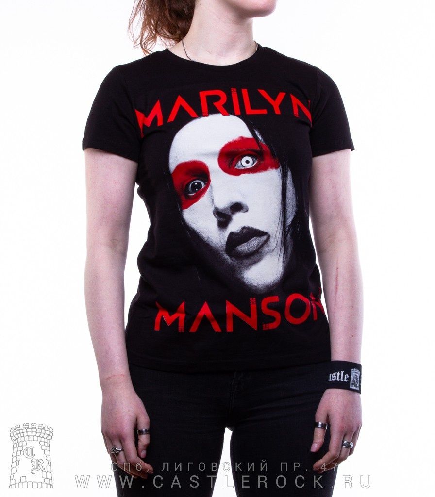 Женская футболка Marilyn Manson (лицо, надпись красная)