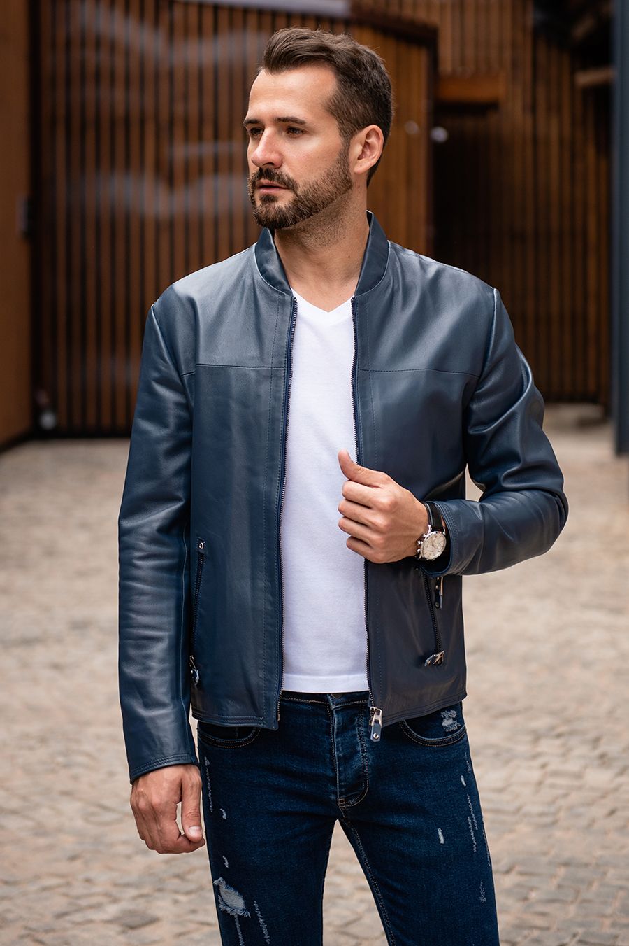 Мужская синяя кожаная куртка. Арт.:15-1768