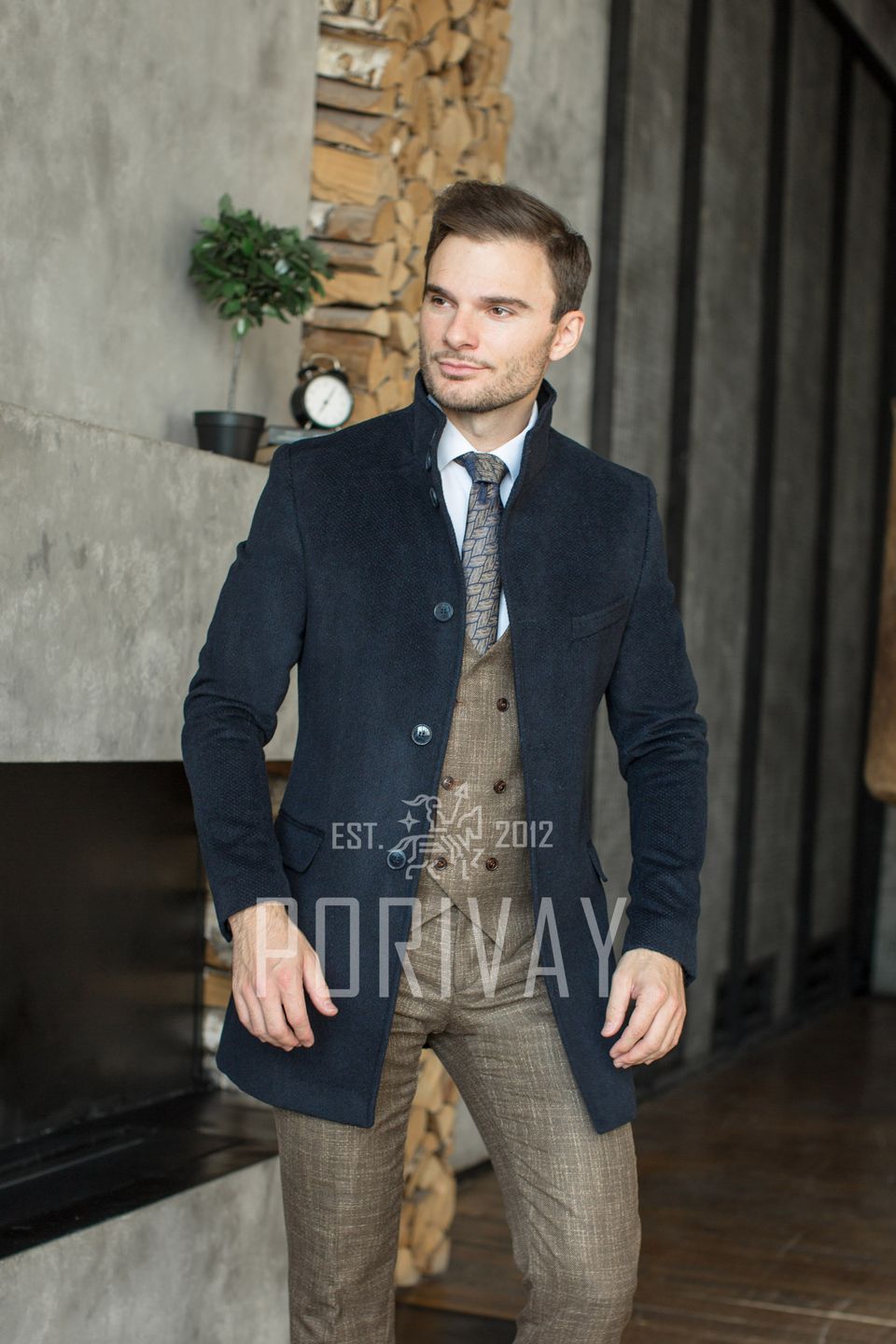 Синее мужское пальто на высокий рост